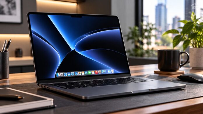 Apple M6 Macbook Pro Space Black 14-inch Apple MacBook Pro with M6 chip on a clean wooden workspace